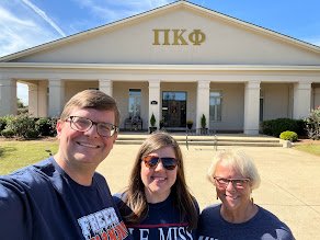 Scott, Sarah, and Jane Finney at the Pi Kappa Phi house in Auburn, 2023